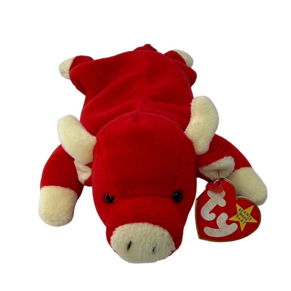 Ty Beanie Baby Snort the Bull 1995 Red Plush Stuffed Animal Toy Vintage w/ Tags